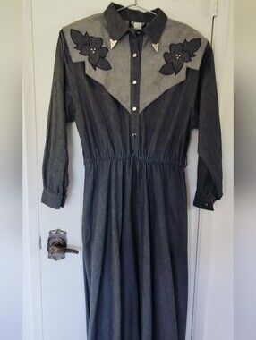 Vintage 80s Diamond L Western Denim Dress Maxi Metal Tip Collar 13/14